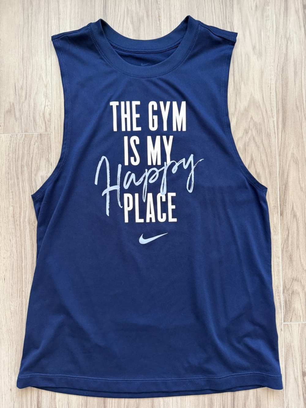 Nike Women's Navy Blue Muscle Tee "The Gym Is My Happy Place"
